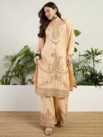 Cream Embroidered Chinon Straight Kurta Palazzo Set with Dupatta