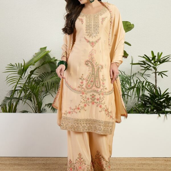 Cream Embroidered Chinon Straight Kurta Palazzo Set with Dupatta