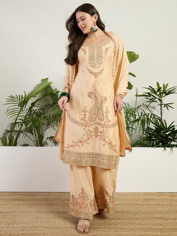 Cream Embroidered Chinon Straight Kurta Palazzo Set with Dupatta