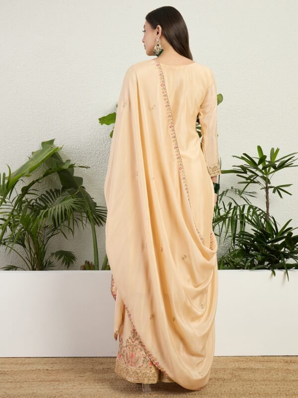 Cream Embroidered Chinon Straight Kurta Palazzo Set with Dupatta