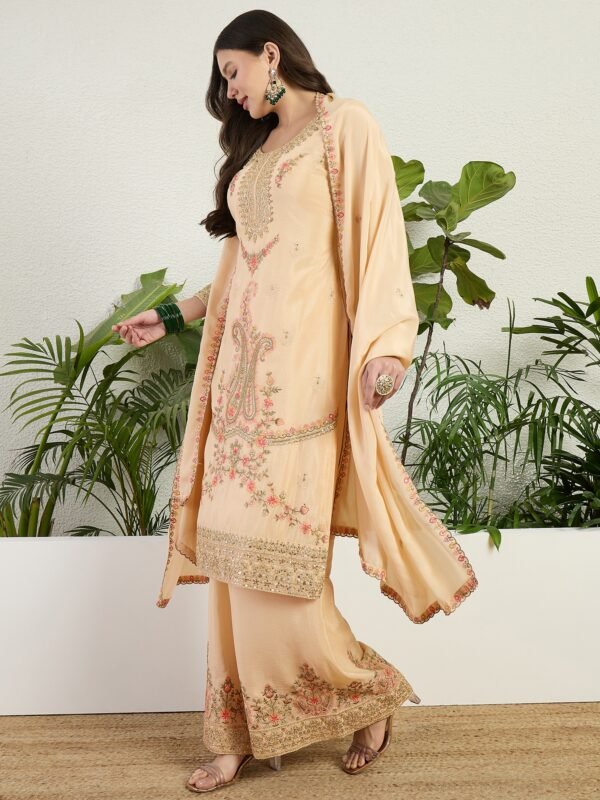 Cream Embroidered Chinon Straight Kurta Palazzo Set with Dupatta