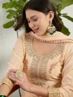 Cream Embroidered Chinon Straight Kurta Palazzo Set with Dupatta