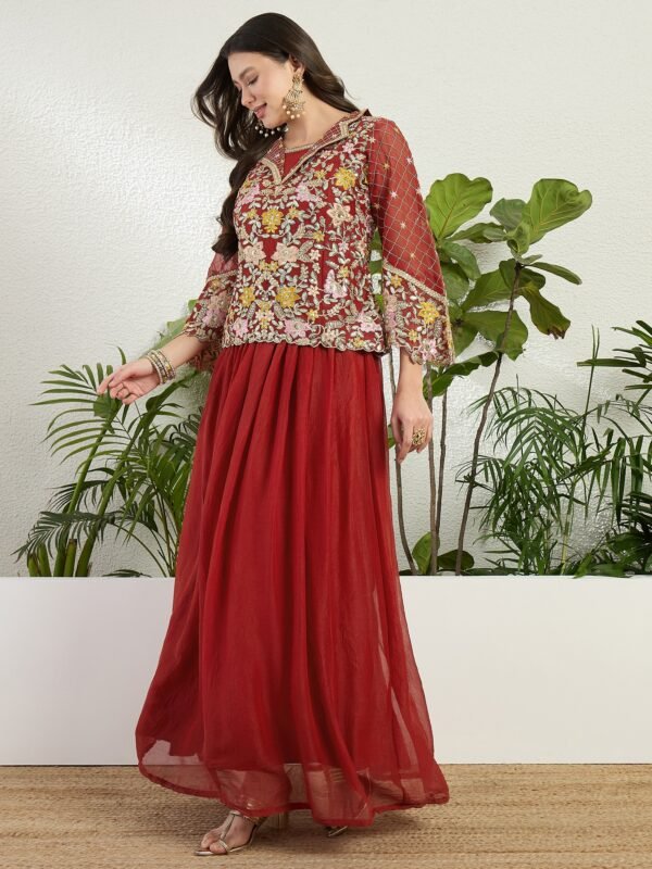 Vibrant Lime Green Georgette Embroidered Peplum Lehenga Set