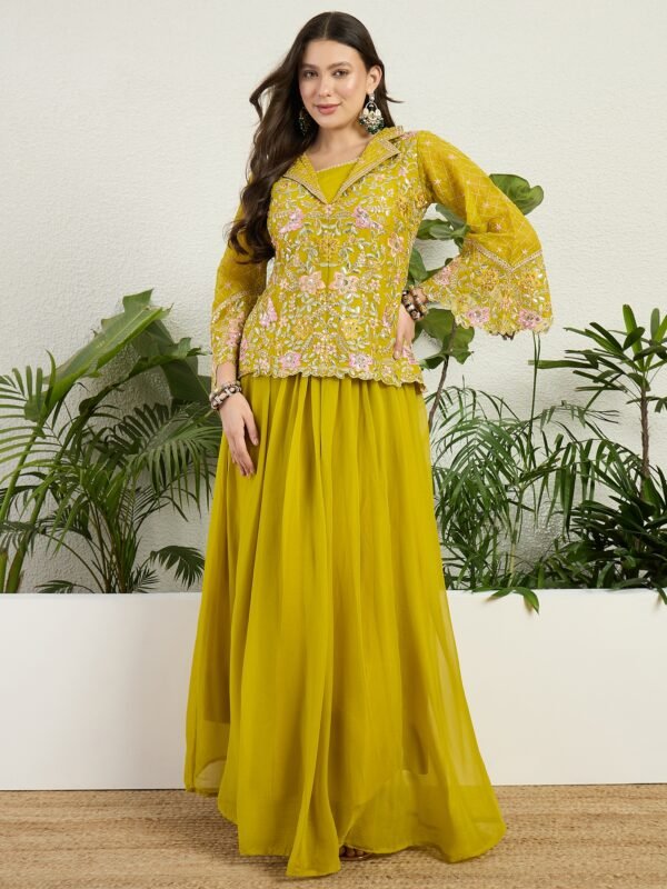 Vibrant Lime Green Georgette Embroidered Peplum Lehenga Set