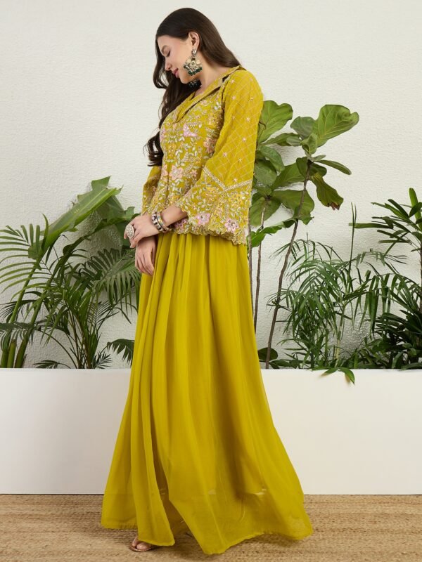 Vibrant Lime Green Georgette Embroidered Peplum Lehenga Set