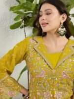 Vibrant Lime Green Georgette Embroidered Peplum Lehenga Set