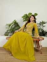Vibrant Lime Green Georgette Embroidered Peplum Lehenga Set