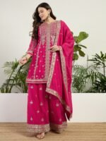 Pink Embroidered Chinon Straight Kurta Palazzo Set with Dupatta