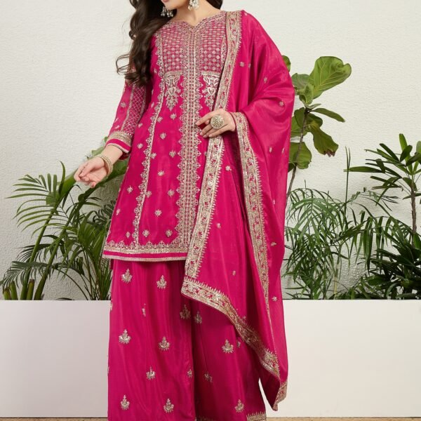 Pink Embroidered Chinon Straight Kurta Palazzo Set with Dupatta