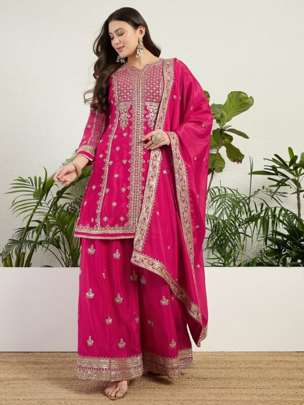 Pink Embroidered Chinon Straight Kurta Palazzo Set with Dupatta