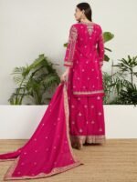 Pink Embroidered Chinon Straight Kurta Palazzo Set with Dupatta