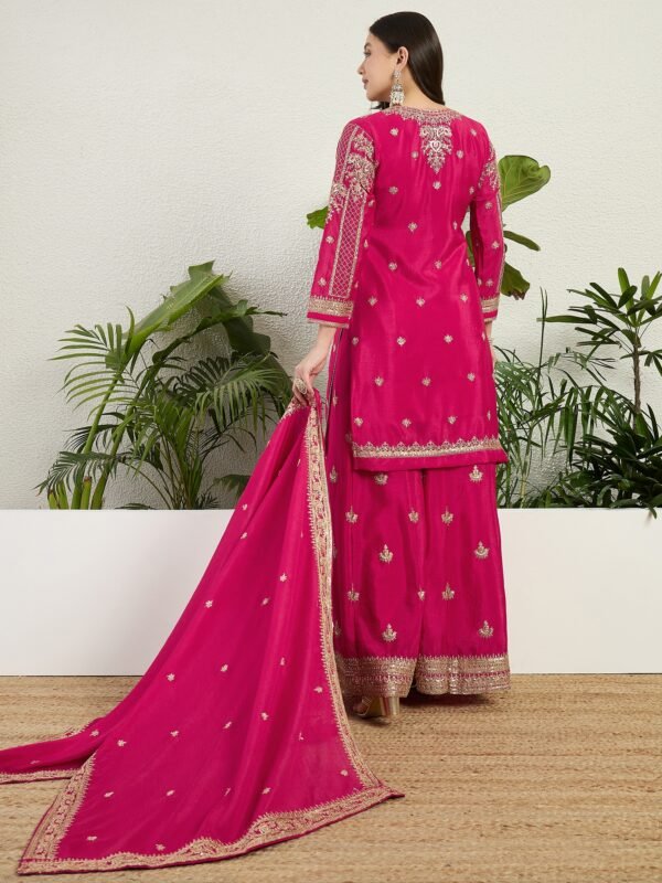 Pink Embroidered Chinon Straight Kurta Palazzo Set with Dupatta