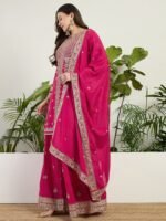 Pink Embroidered Chinon Straight Kurta Palazzo Set with Dupatta