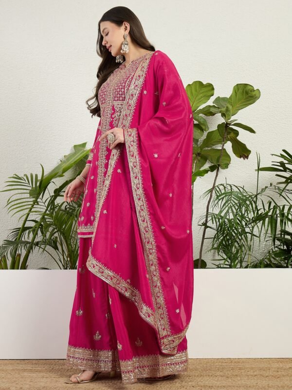 Pink Embroidered Chinon Straight Kurta Palazzo Set with Dupatta