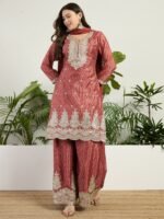 Elegant Rust Chinon Embroidered Kurta Palazzo Set