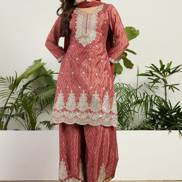 Elegant Rust Chinon Embroidered Kurta Palazzo Set