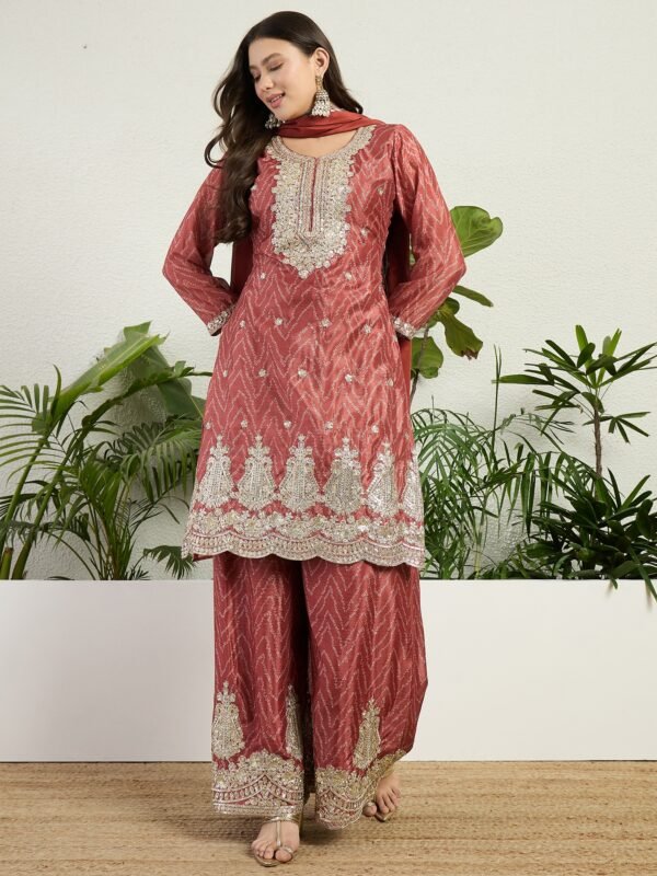 Elegant Rust Chinon Embroidered Kurta Palazzo Set