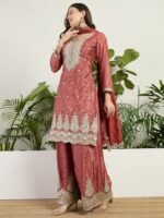 Elegant Rust Chinon Embroidered Kurta Palazzo Set
