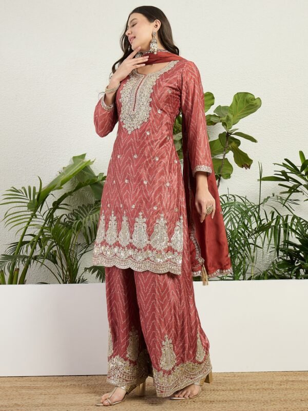 Elegant Rust Chinon Embroidered Kurta Palazzo Set