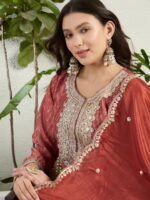 Elegant Rust Chinon Embroidered Kurta Palazzo Set