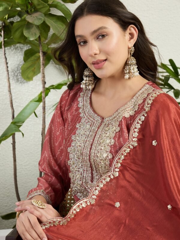 Elegant Rust Chinon Embroidered Kurta Palazzo Set