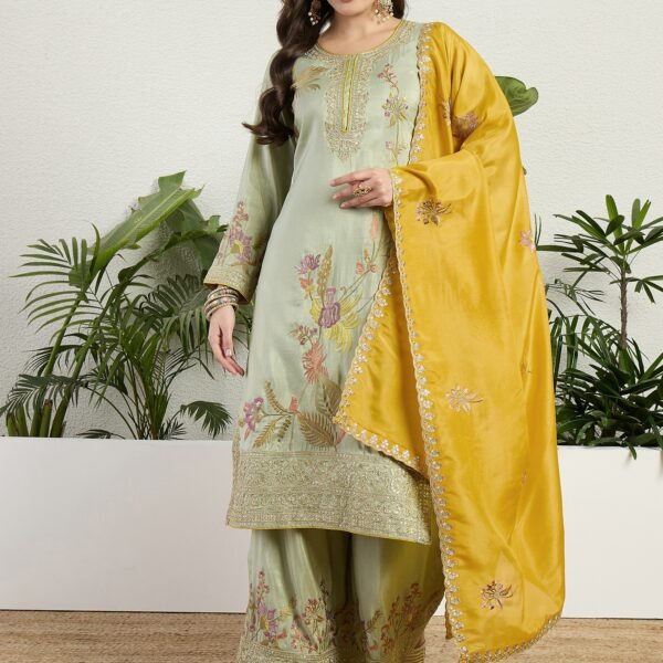 Pista Embroidered Organza Straight Kurta Palazzo Set with Dupatta