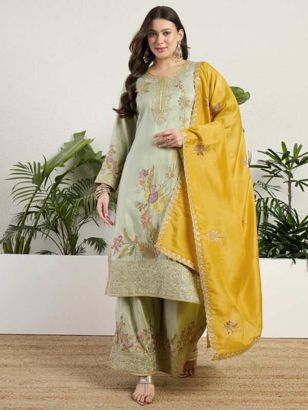 Pista Embroidered Organza Straight Kurta Palazzo Set with Dupatta