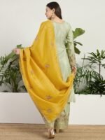 Pista Embroidered Organza Straight Kurta Palazzo Set with Dupatta