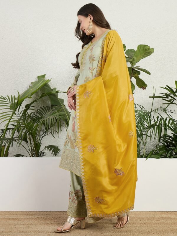 Pista Embroidered Organza Straight Kurta Palazzo Set with Dupatta
