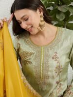 Pista Embroidered Organza Straight Kurta Palazzo Set with Dupatta