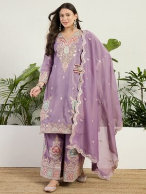 Elegant Lavender Organza Multi-Color Embroidered Kurta Palazzo Set