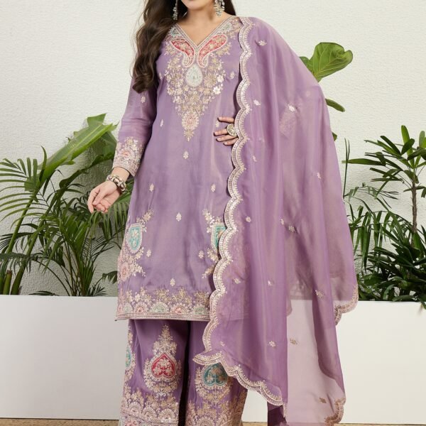 Elegant Lavender Organza Multi-Color Embroidered Kurta Palazzo Set