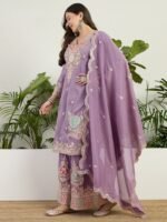 Elegant Lavender Organza Multi-Color Embroidered Kurta Palazzo Set