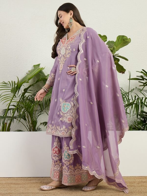 Elegant Lavender Organza Multi-Color Embroidered Kurta Palazzo Set