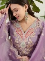 Elegant Lavender Organza Multi-Color Embroidered Kurta Palazzo Set