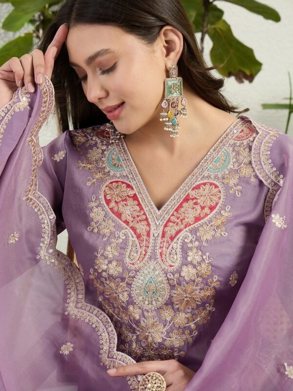 Elegant Lavender Organza Multi-Color Embroidered Kurta Palazzo Set