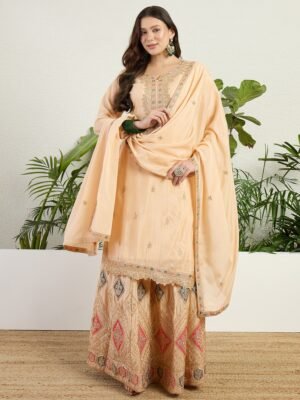 Elegant Cream Chinon Embroidered Kurta & Lehenga Set