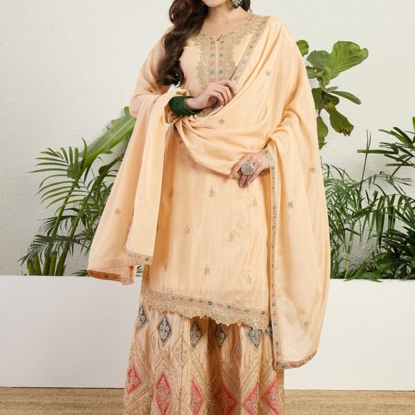 Elegant Cream Chinon Embroidered Kurta & Lehenga Set