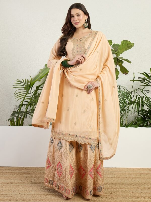 Elegant Cream Chinon Embroidered Kurta & Lehenga Set