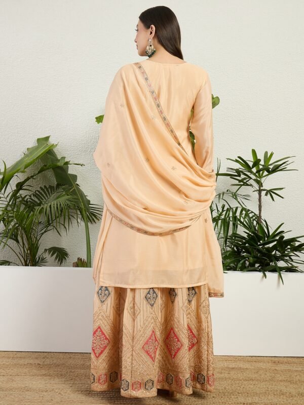 Elegant Cream Chinon Embroidered Kurta & Lehenga Set
