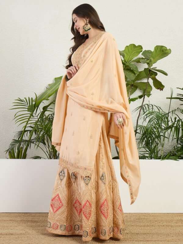 Elegant Cream Chinon Embroidered Kurta & Lehenga Set