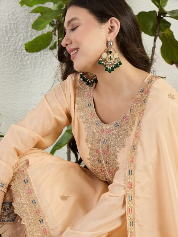 Elegant Cream Chinon Embroidered Kurta & Lehenga Set