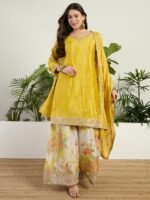 Radiant Yellow Chinon Embroidered Kurta with Floral Palazzo Set