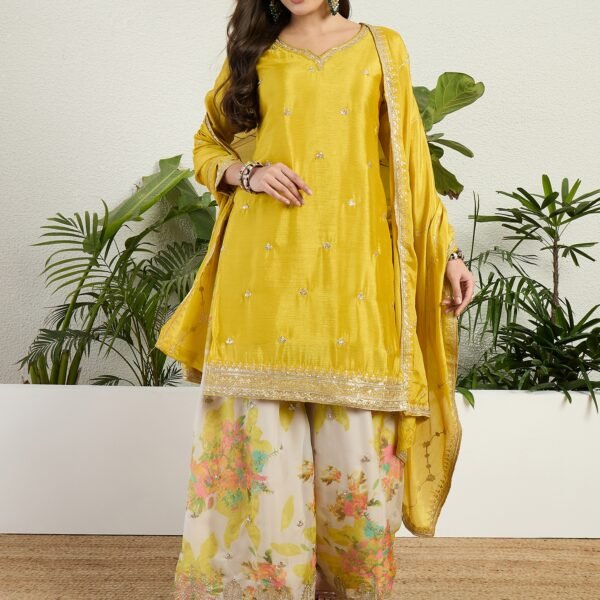 Radiant Yellow Chinon Embroidered Kurta with Floral Palazzo Set