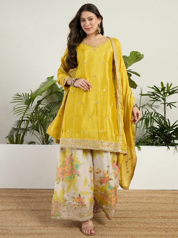 Radiant Yellow Chinon Embroidered Kurta with Floral Palazzo Set