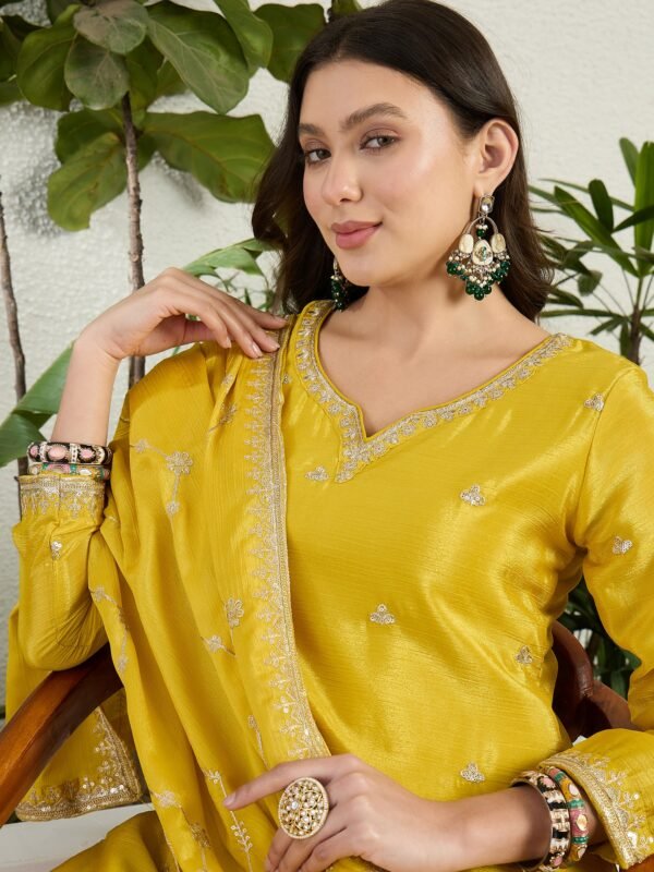 Radiant Yellow Chinon Embroidered Kurta with Floral Palazzo Set
