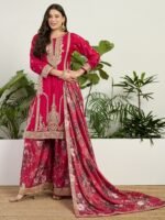 Majestic Deep Red Chinon Embroidered Kurta with Floral Palazzo Set