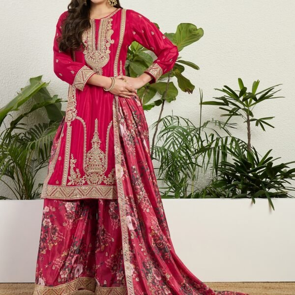 Majestic Deep Red Chinon Embroidered Kurta with Floral Palazzo Set