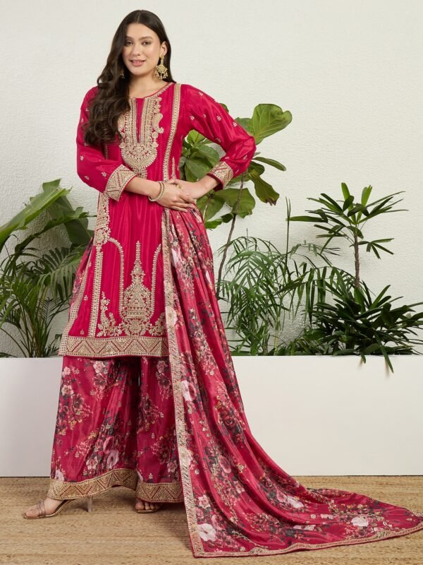 Majestic Deep Red Chinon Embroidered Kurta with Floral Palazzo Set