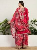 Majestic Deep Red Chinon Embroidered Kurta with Floral Palazzo Set